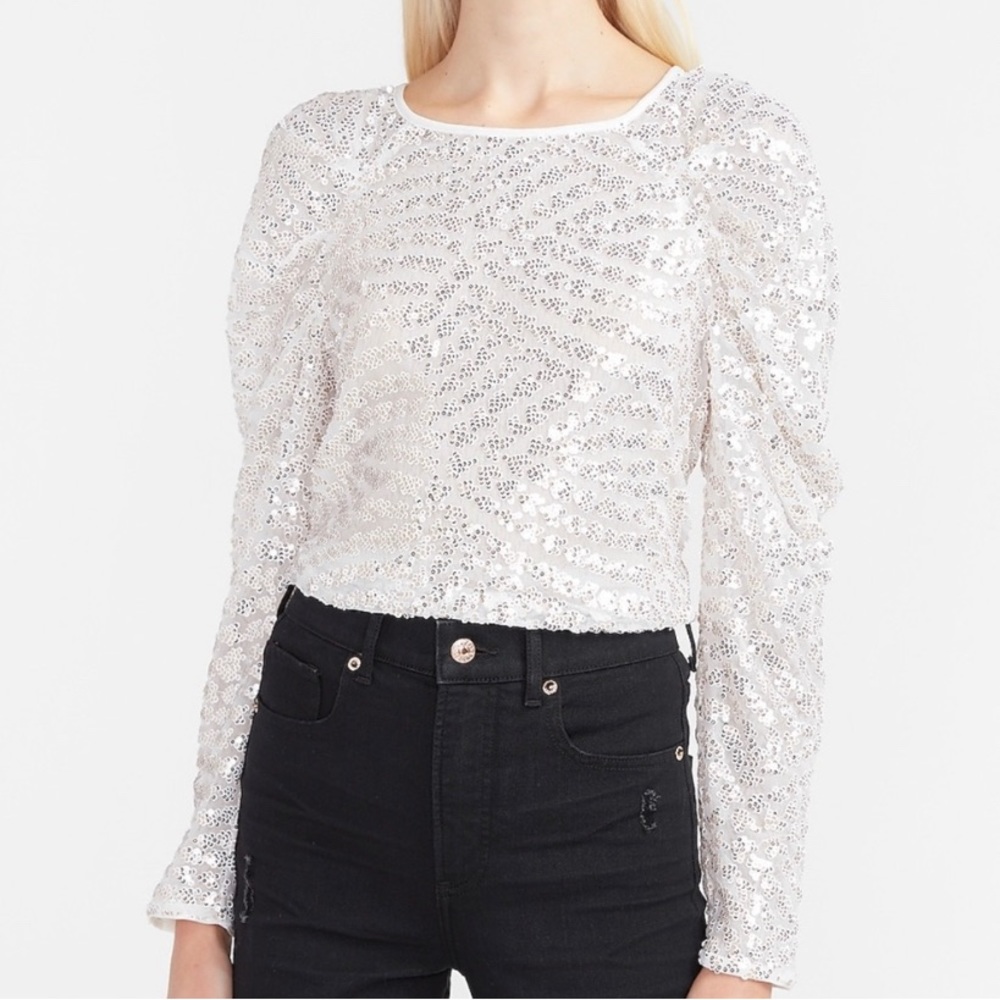 EXPRESS IVORY White SEQUIN PUFF RUCHED Long SLEEVE BLOUSE TOP Shirt XSMALL